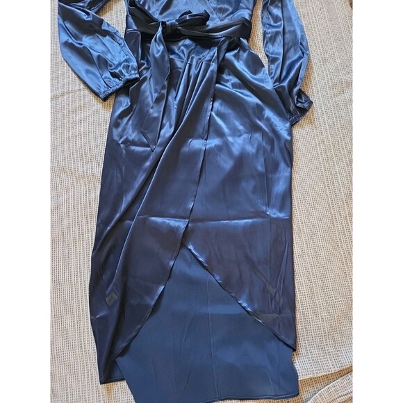 NWOT Women's L Long Formal Wrap Cinched Waist Navy Blue Event Dress - Picture 6 of 9